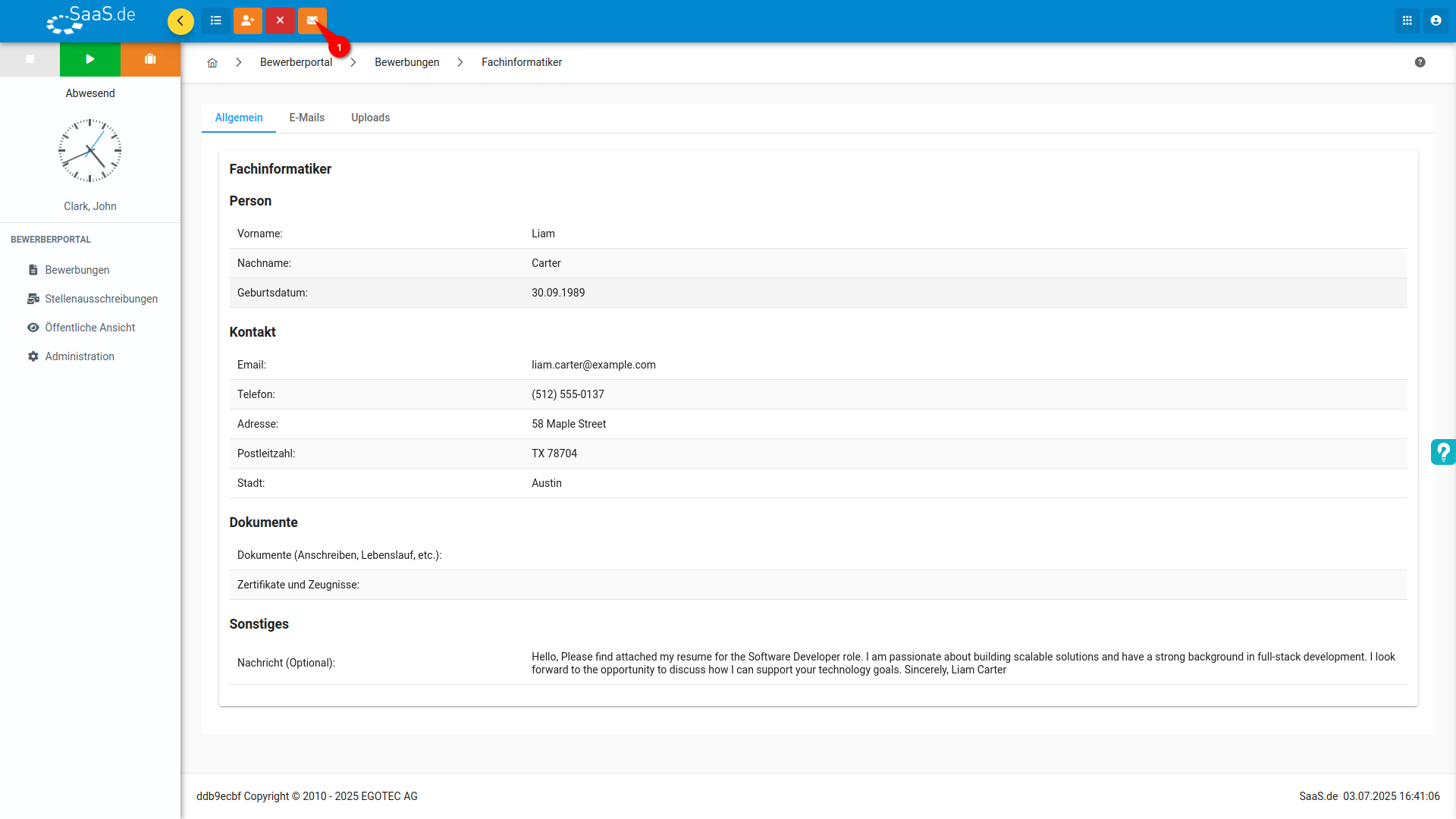Bewerberportal custom email