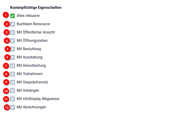 3 Buchungssystem - Ressourcen Arten - Ressourcenart erstellen - Allgemein - Kostenpflichtige EIgenschaften 3 Buchungssystem - Ressourcen Arten - Ressourcenart erstellen - Allgemein - Kostenpflichtige EIgenschaften