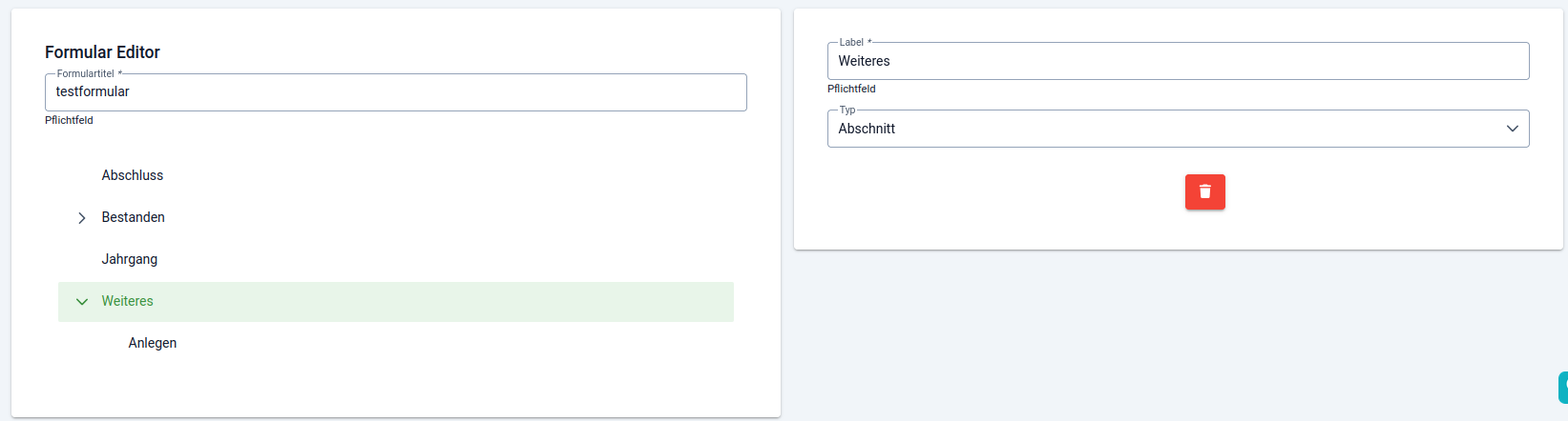 A3 Buchungssystem - Formular erstellen - Feldeditor - Abschnitt