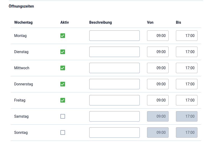 6 Buchungssystem - Ressourcen Arten - Ressourcenart erstellen - Öffentliche Ansicht - Öffnungszeiten