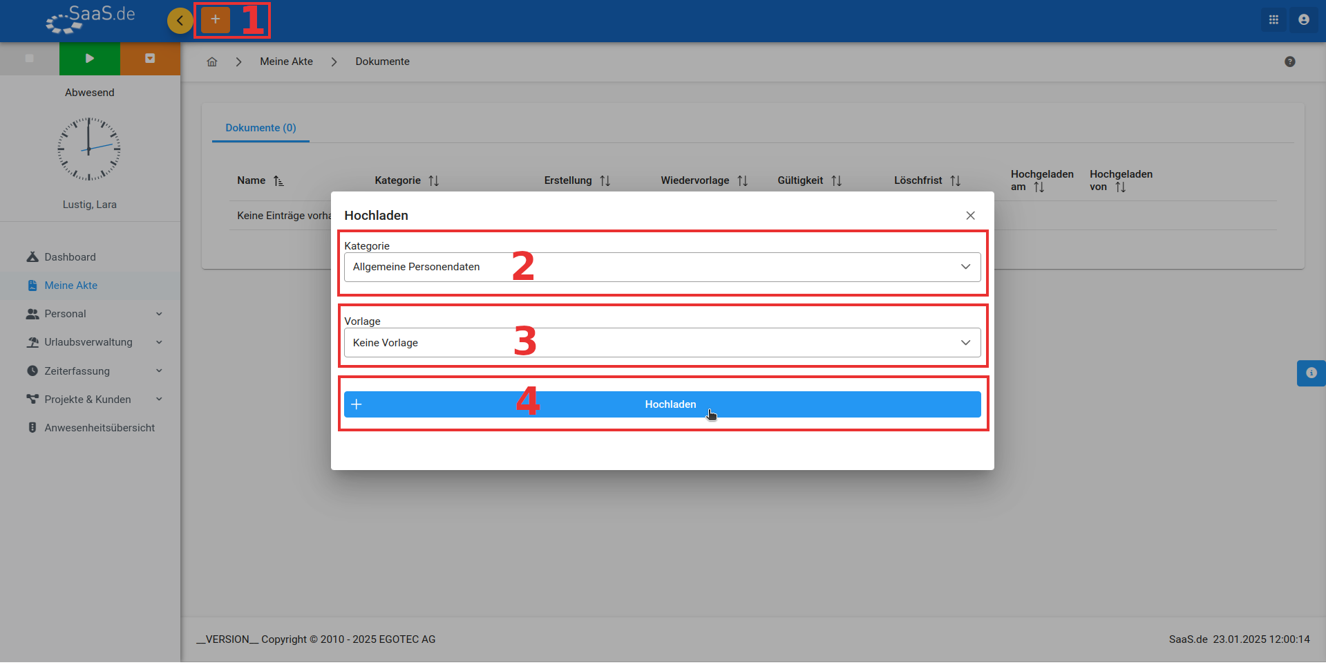 Darstellung der Dokumentenübersicht im Personalakten-Modul von SaaS.de mit hervorgehobenem Plus-Button in der Topbar und einem Dialogfenster zum Hochladen eines Dokuments.