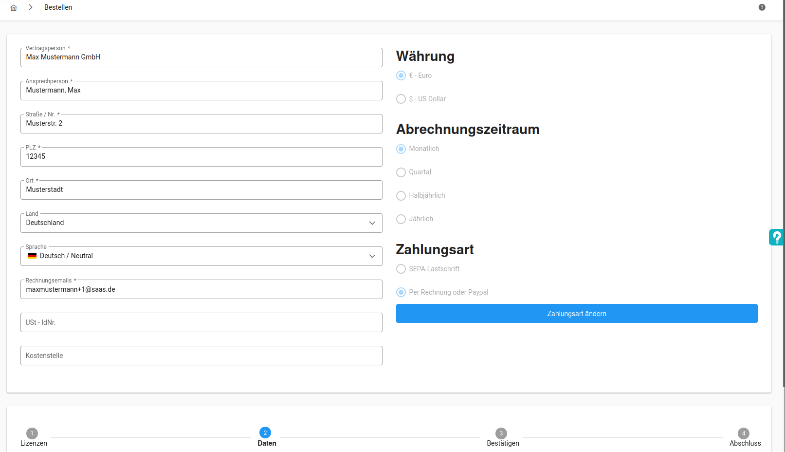 Rechnungsdaten eingeben